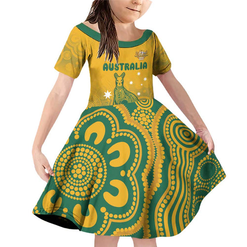 Australia Rugby Family Matching Off Shoulder Short Dress and Hawaiian Shirt Wallabies Aboriginal Pattern