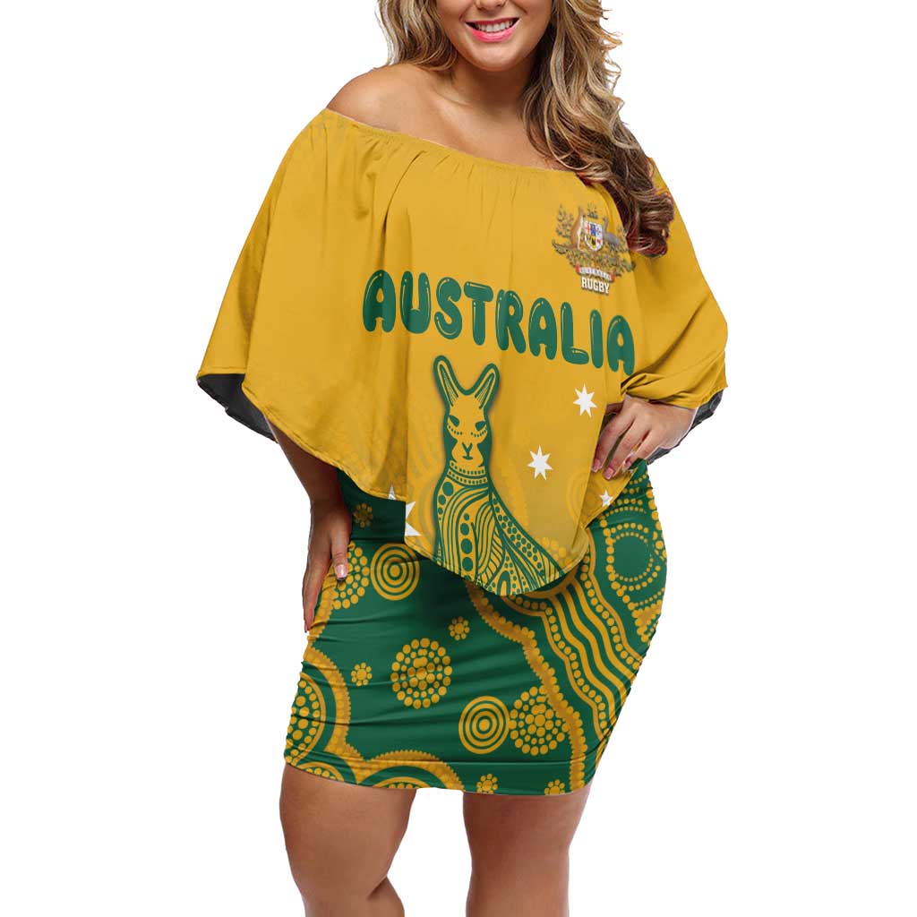Australia Rugby Family Matching Off Shoulder Short Dress and Hawaiian Shirt Wallabies Aboriginal Pattern