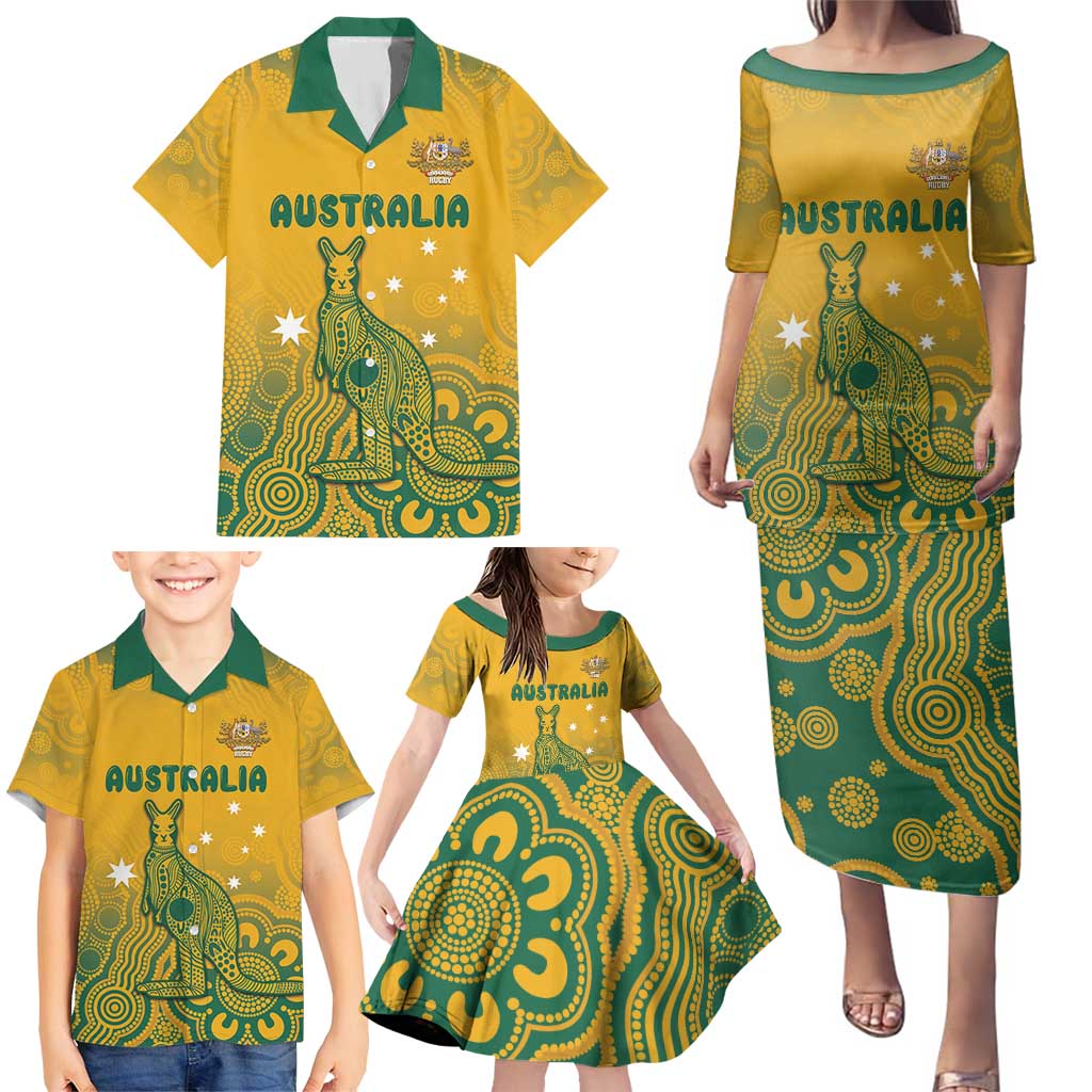 Australia Rugby Family Matching Puletasi and Hawaiian Shirt Wallabies Aboriginal Pattern