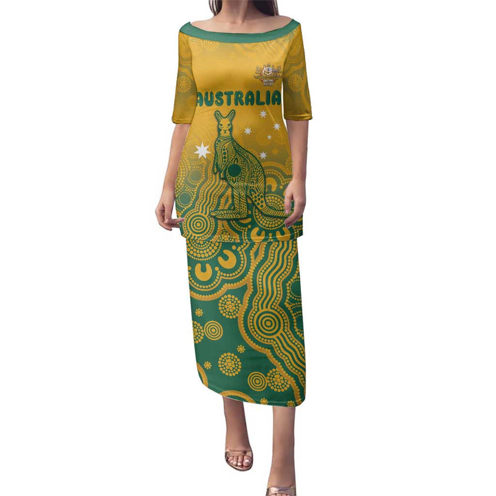 Australia Rugby Family Matching Puletasi and Hawaiian Shirt Wallabies Aboriginal Pattern