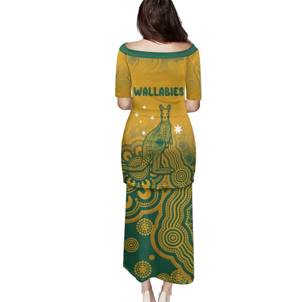 Australia Rugby Family Matching Puletasi and Hawaiian Shirt Wallabies Aboriginal Pattern