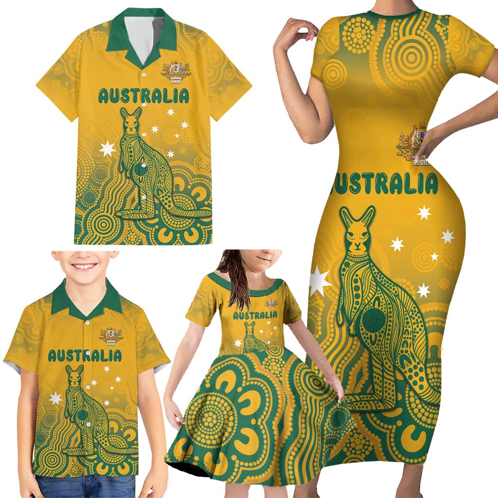 Australia Rugby Family Matching Short Sleeve Bodycon Dress and Hawaiian Shirt Wallabies Aboriginal Pattern