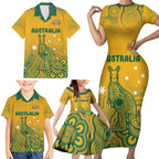 Australia Rugby Family Matching Short Sleeve Bodycon Dress and Hawaiian Shirt Wallabies Aboriginal Pattern