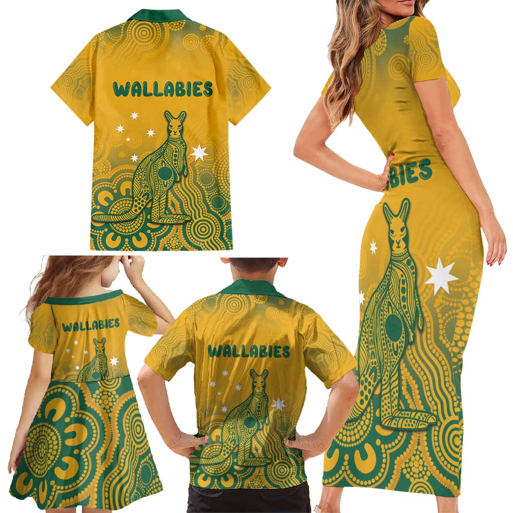 Australia Rugby Family Matching Short Sleeve Bodycon Dress and Hawaiian Shirt Wallabies Aboriginal Pattern