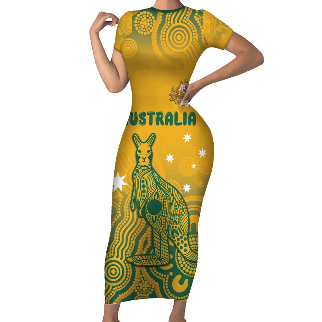 Australia Rugby Family Matching Short Sleeve Bodycon Dress and Hawaiian Shirt Wallabies Aboriginal Pattern