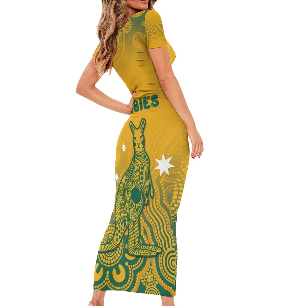 Australia Rugby Family Matching Short Sleeve Bodycon Dress and Hawaiian Shirt Wallabies Aboriginal Pattern