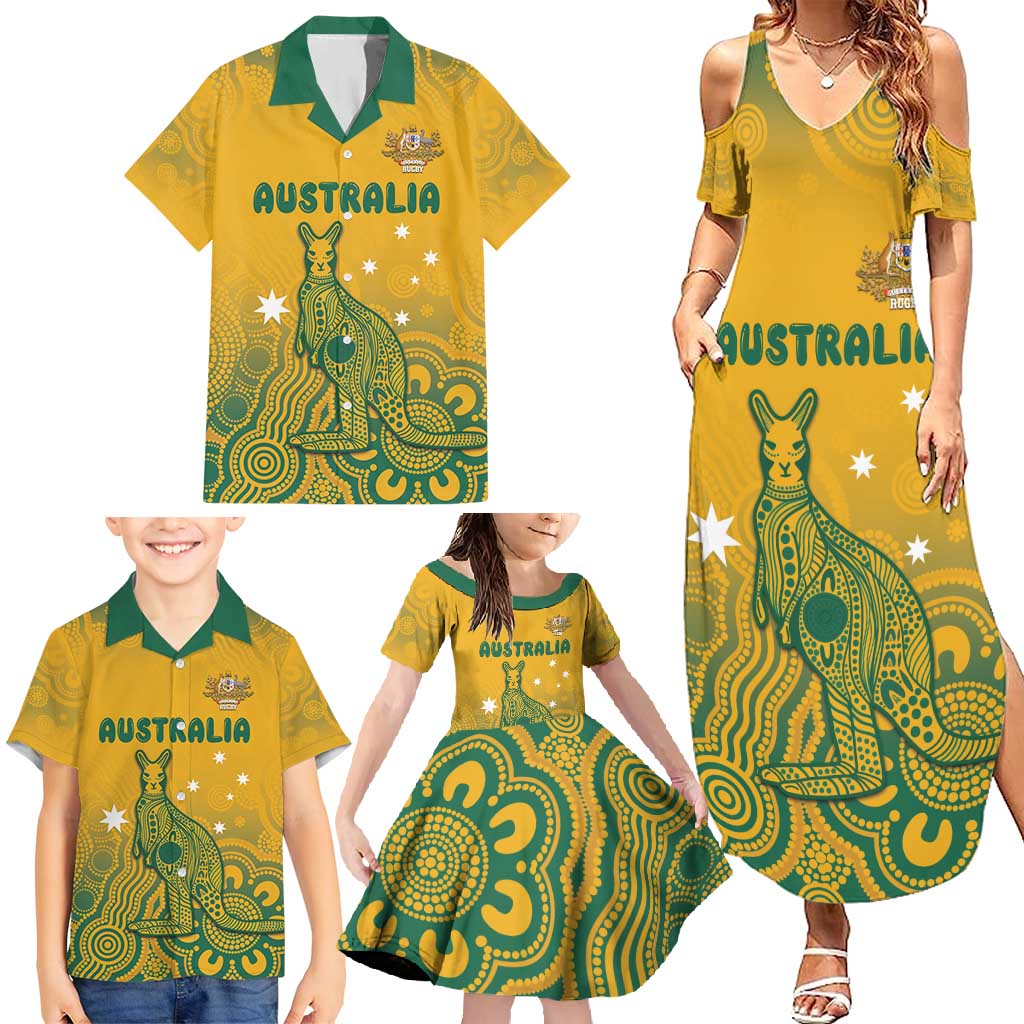 Australia Rugby Family Matching Summer Maxi Dress and Hawaiian Shirt Wallabies Aboriginal Pattern