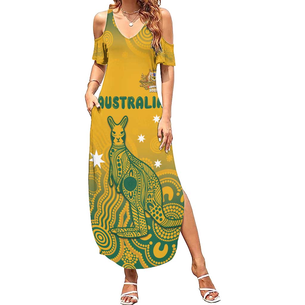 Australia Rugby Family Matching Summer Maxi Dress and Hawaiian Shirt Wallabies Aboriginal Pattern