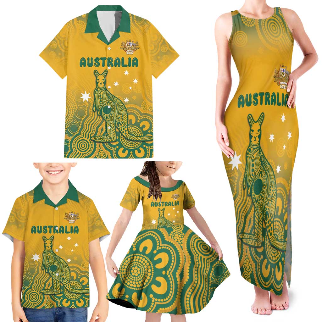 Australia Rugby Family Matching Tank Maxi Dress and Hawaiian Shirt Wallabies Aboriginal Pattern