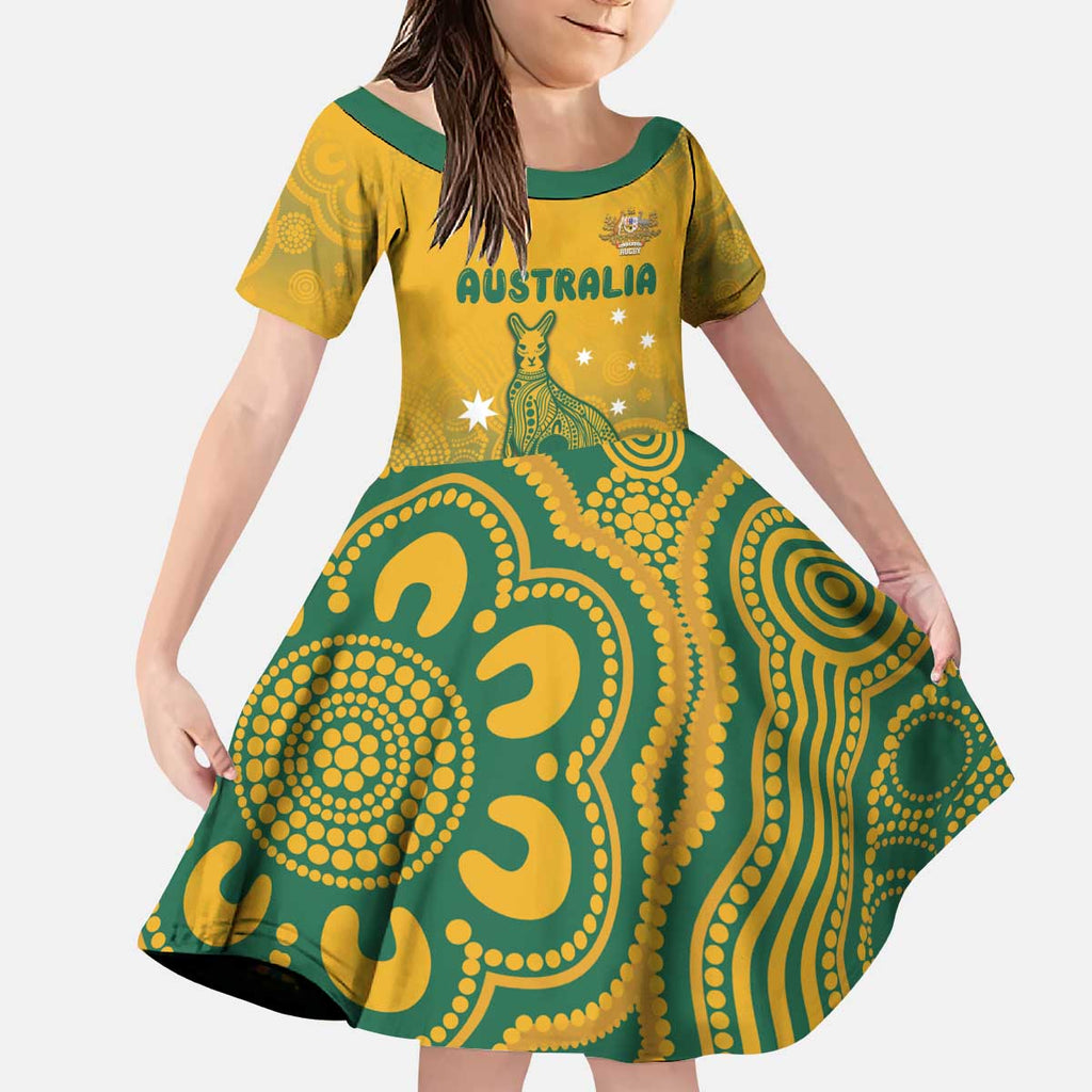 Australia Rugby Kid Short Sleeve Dress Wallabies Aboriginal Pattern