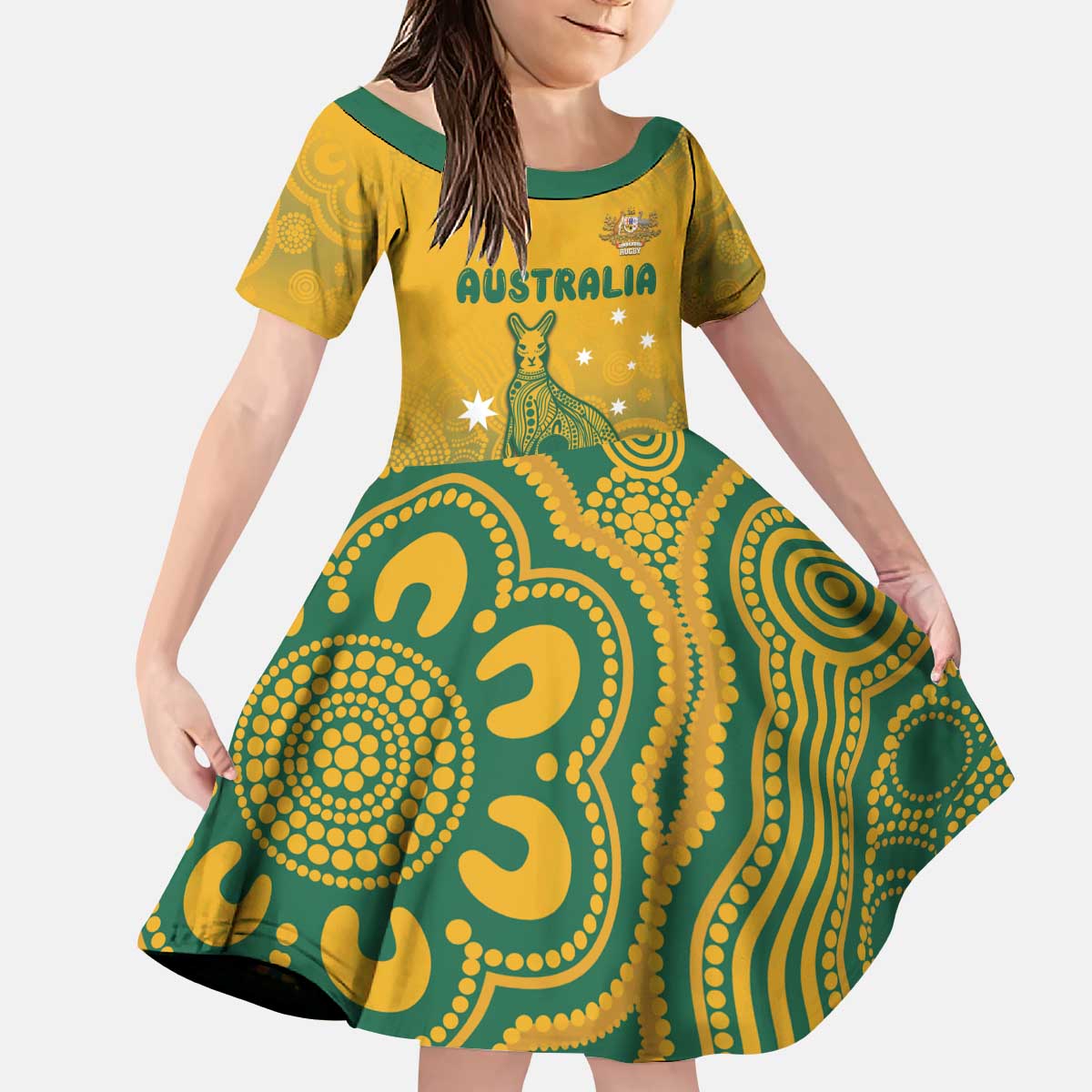 Australia Rugby Kid Short Sleeve Dress Wallabies Aboriginal Pattern