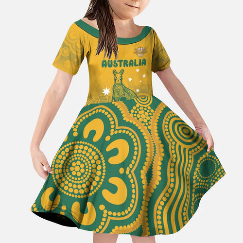 Australia Rugby Kid Short Sleeve Dress Wallabies Aboriginal Pattern