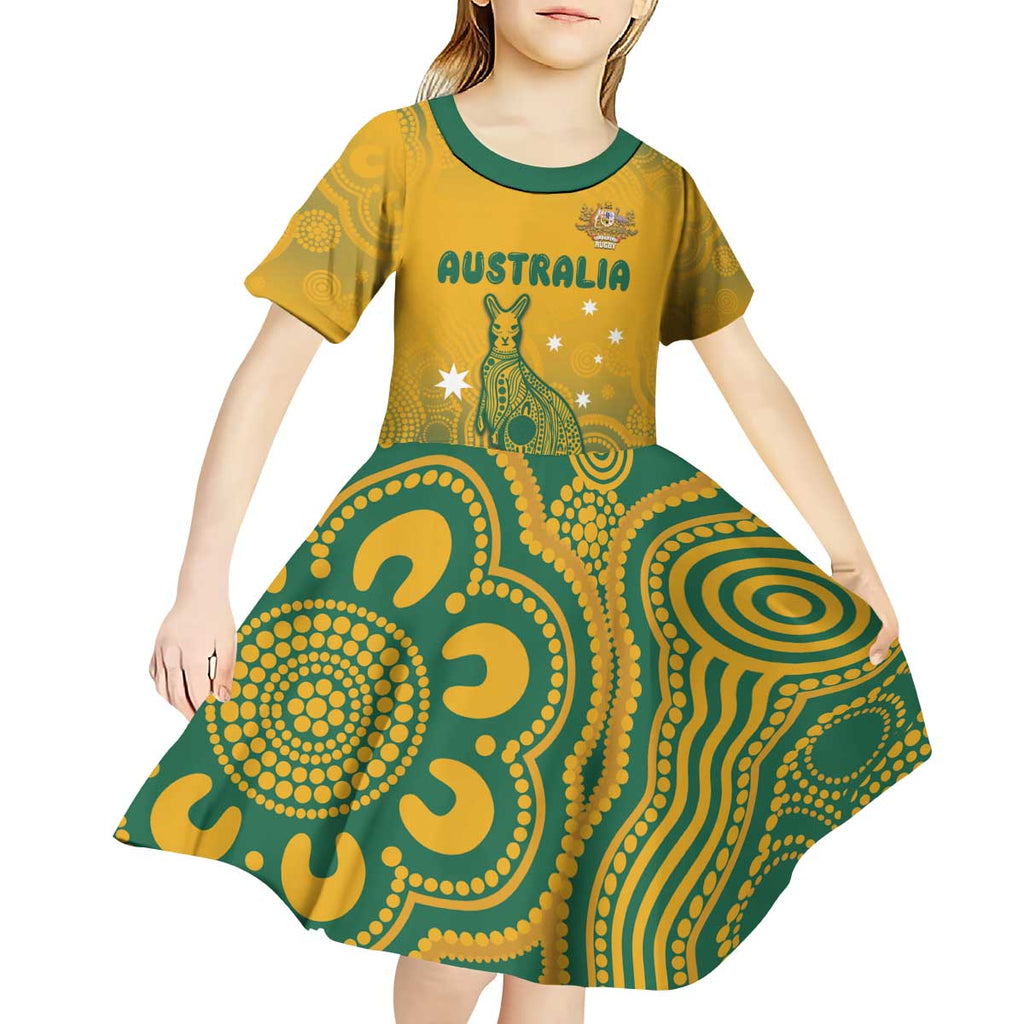 Australia Rugby Kid Short Sleeve Dress Wallabies Aboriginal Pattern