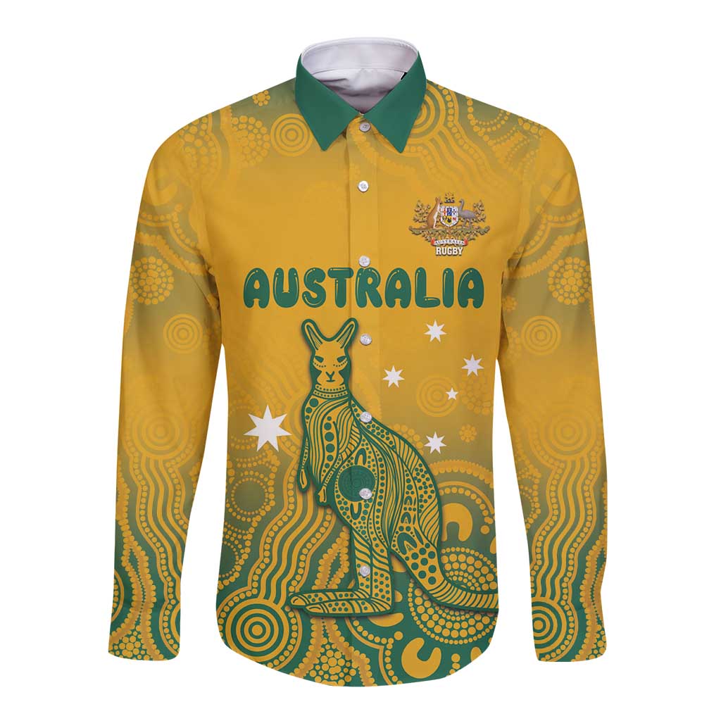 Australia Rugby Long Sleeve Button Shirt Wallabies Aboriginal Pattern