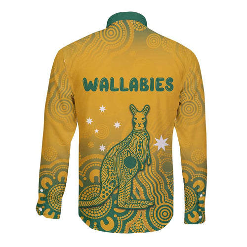Australia Rugby Long Sleeve Button Shirt Wallabies Aboriginal Pattern