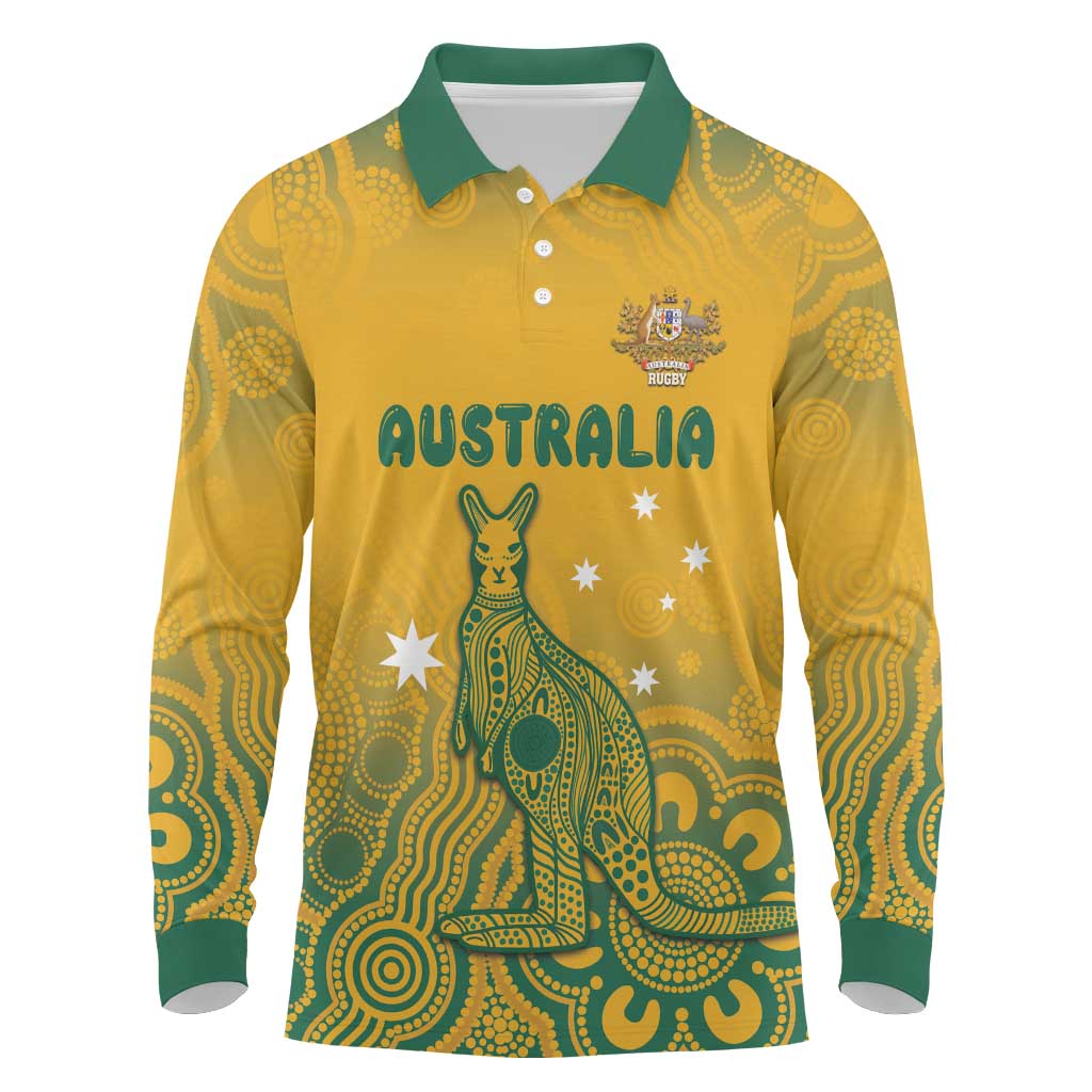 Australia Rugby Long Sleeve Polo Shirt Wallabies Aboriginal Pattern