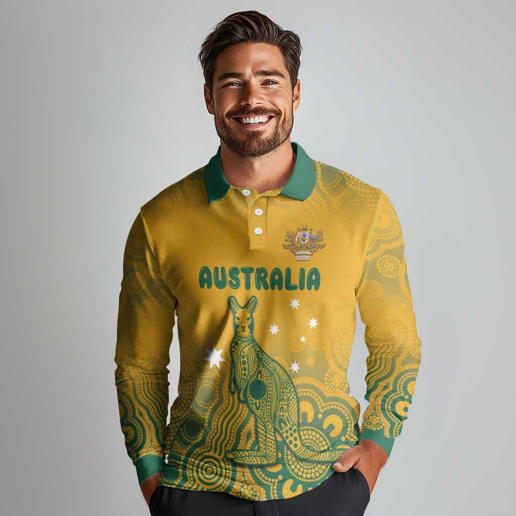 Australia Rugby Long Sleeve Polo Shirt Wallabies Aboriginal Pattern