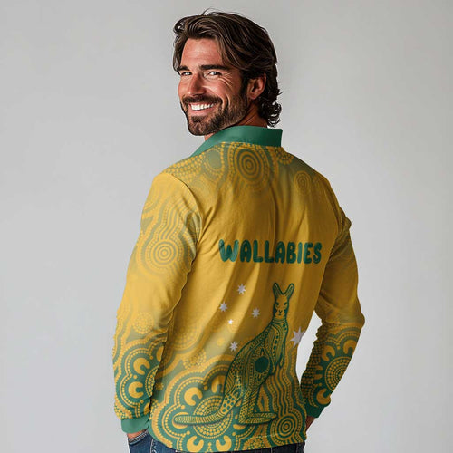 Australia Rugby Long Sleeve Polo Shirt Wallabies Aboriginal Pattern