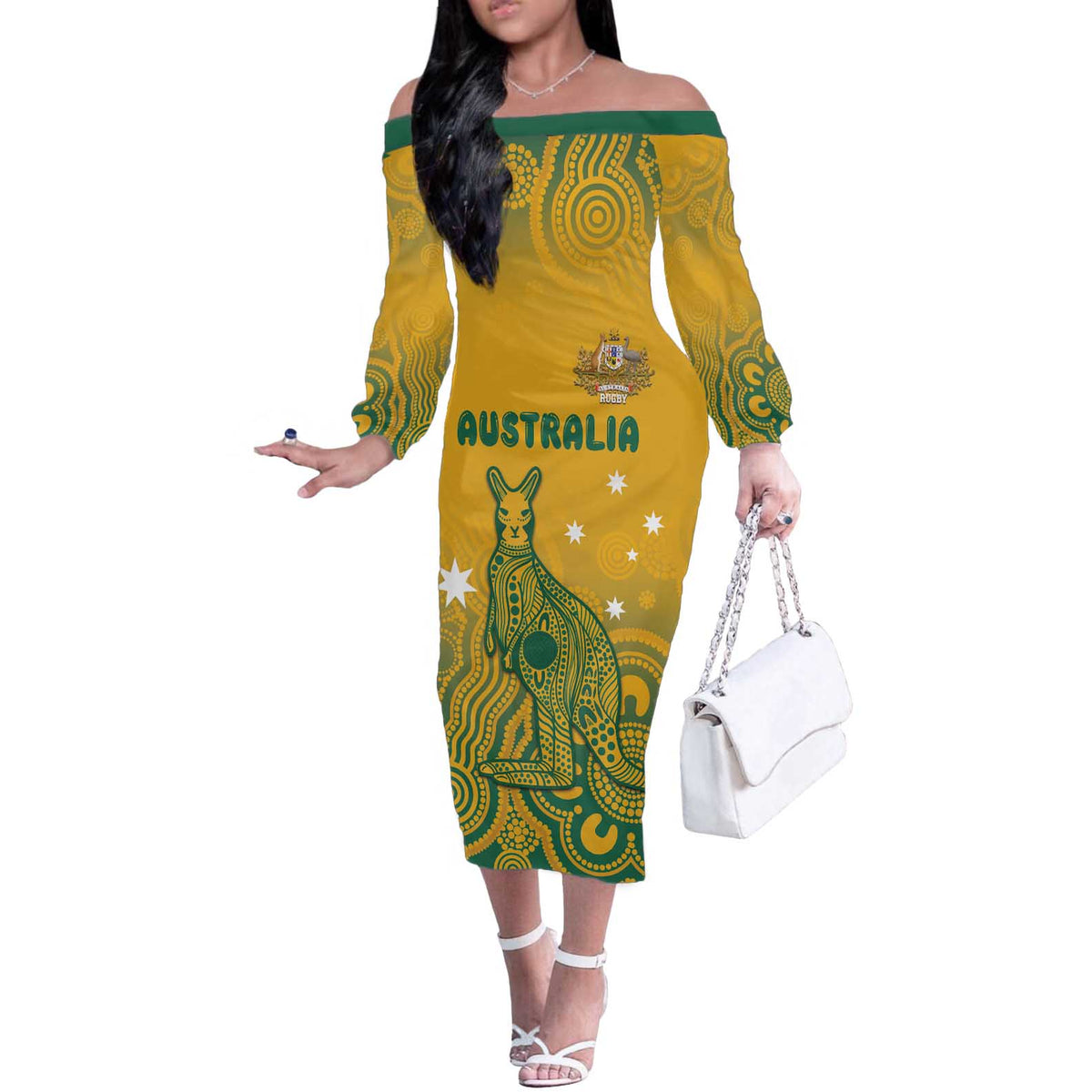 Australia Rugby Off The Shoulder Long Sleeve Dress Wallabies Aboriginal Pattern