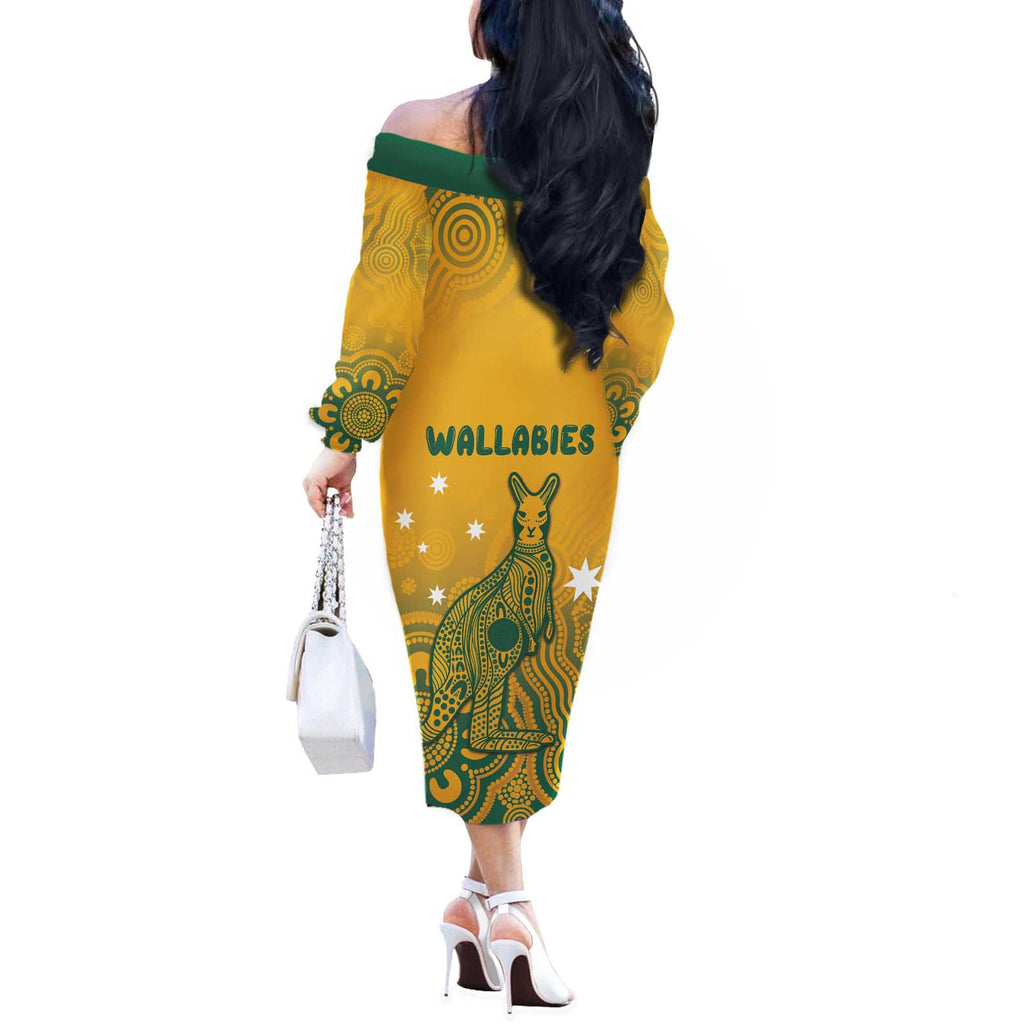 Australia Rugby Off The Shoulder Long Sleeve Dress Wallabies Aboriginal Pattern