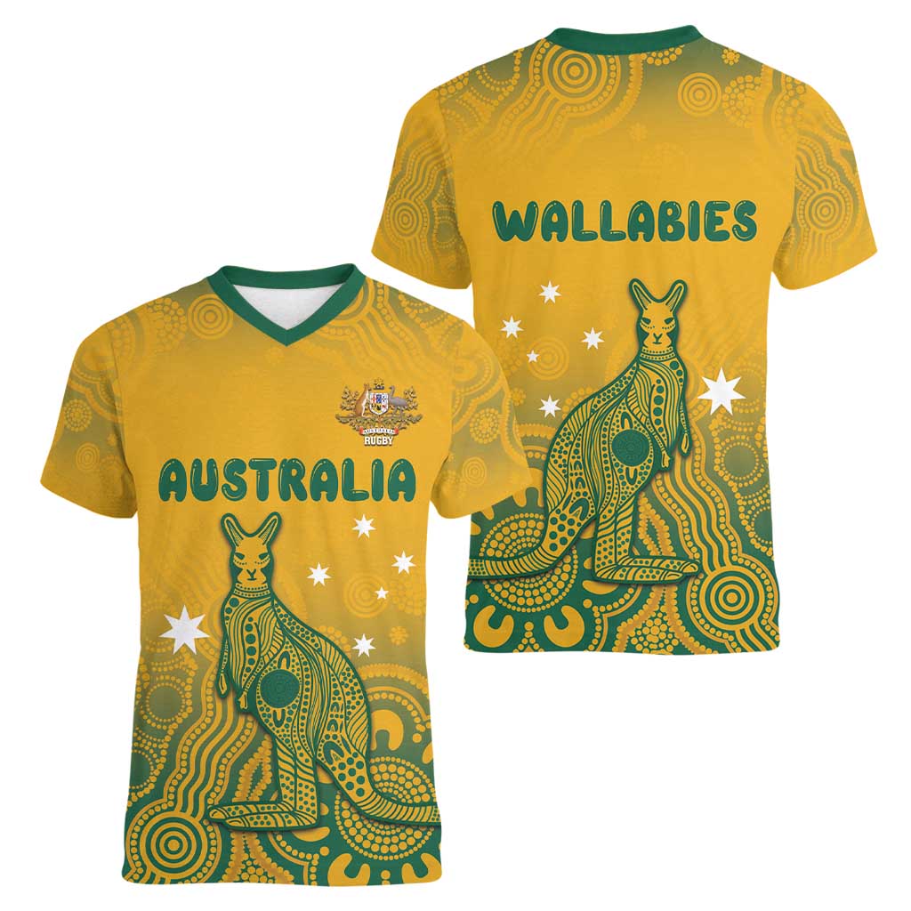 Australia Rugby Women V-Neck T-Shirt Wallabies Aboriginal Pattern