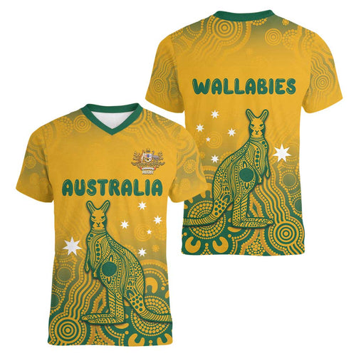Australia Rugby Women V-Neck T-Shirt Wallabies Aboriginal Pattern