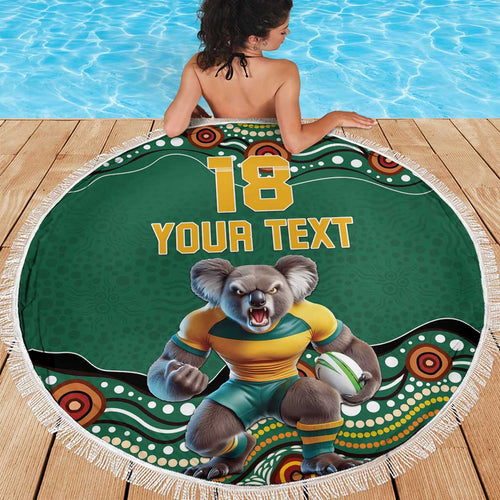 Custom Australia Rugby Beach Blanket Koala Mascot Aboriginal Pattern