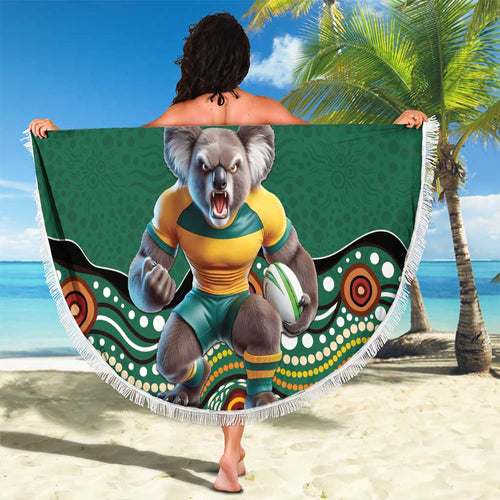 Custom Australia Rugby Beach Blanket Koala Mascot Aboriginal Pattern