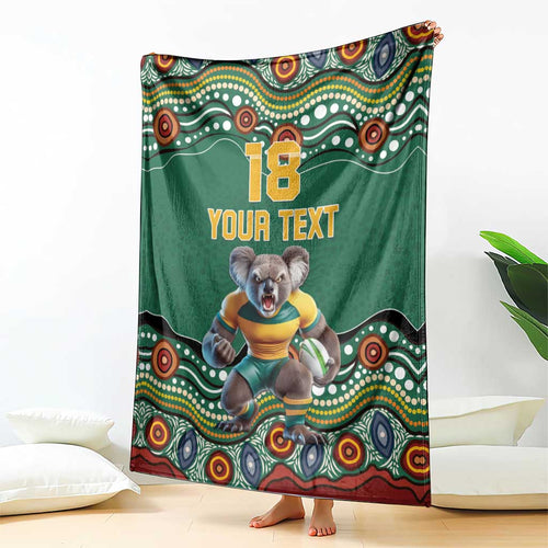 Custom Australia Rugby Blanket Koala Mascot Aboriginal Pattern