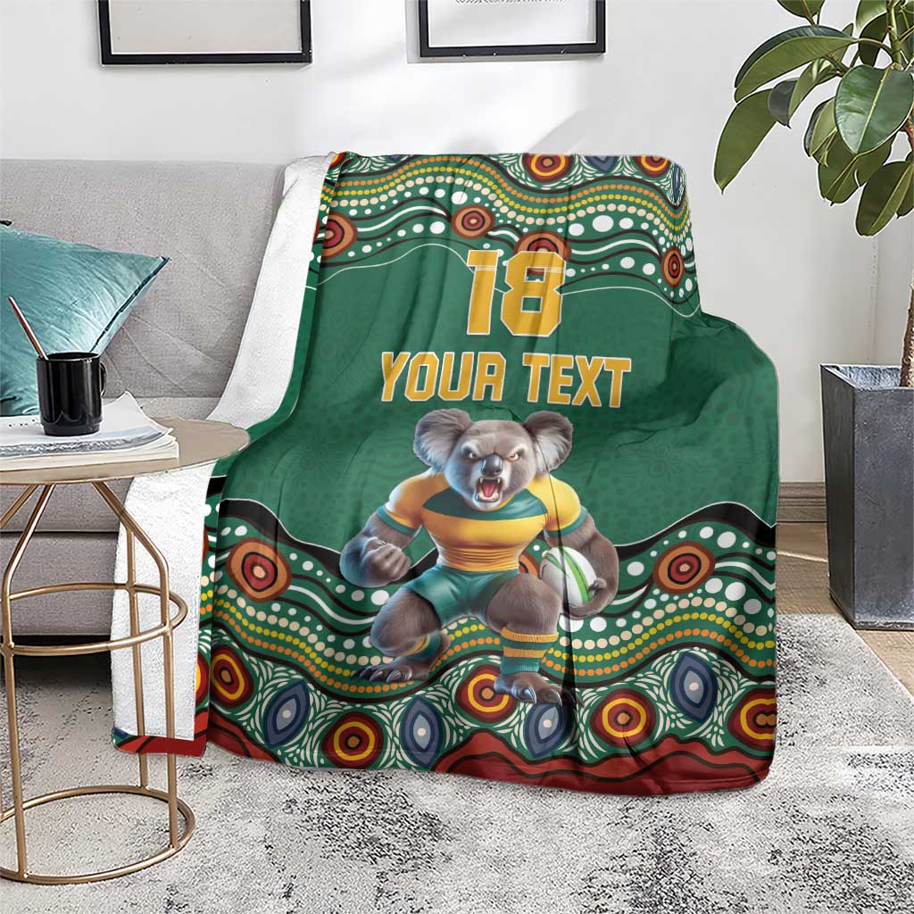 Custom Australia Rugby Blanket Koala Mascot Aboriginal Pattern
