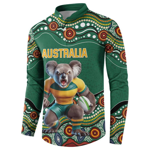 Custom Australia Rugby Button Sweatshirt Koala Mascot Aboriginal Pattern