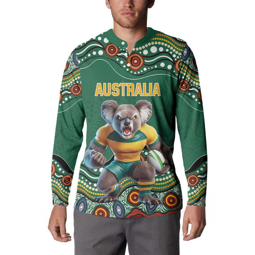 Custom Australia Rugby Button Sweatshirt Koala Mascot Aboriginal Pattern