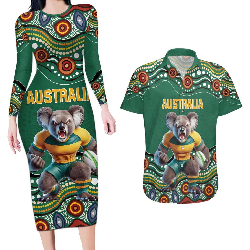 Custom Australia Rugby Couples Matching Long Sleeve Bodycon Dress and Hawaiian Shirt Koala Mascot Aboriginal Pattern