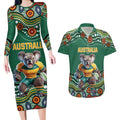 Custom Australia Rugby Couples Matching Long Sleeve Bodycon Dress and Hawaiian Shirt Koala Mascot Aboriginal Pattern