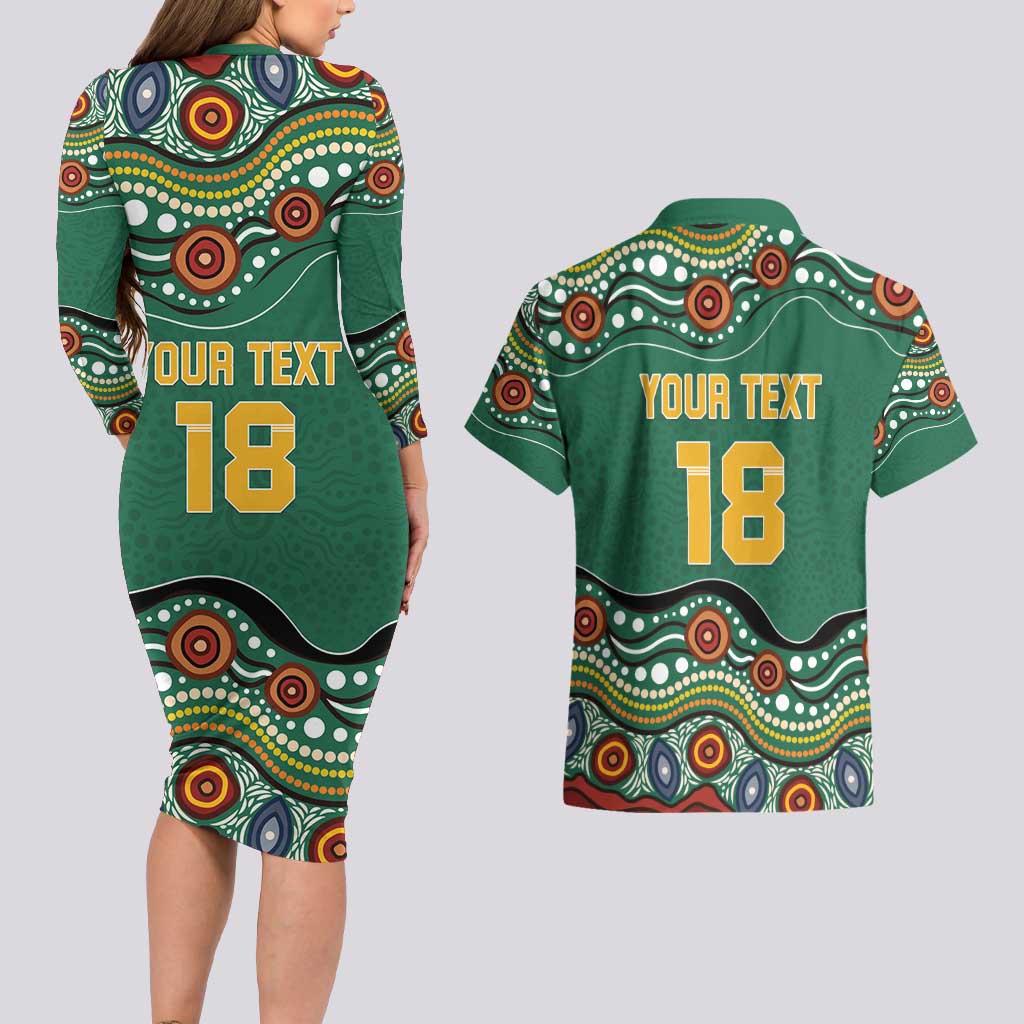 Custom Australia Rugby Couples Matching Long Sleeve Bodycon Dress and Hawaiian Shirt Koala Mascot Aboriginal Pattern