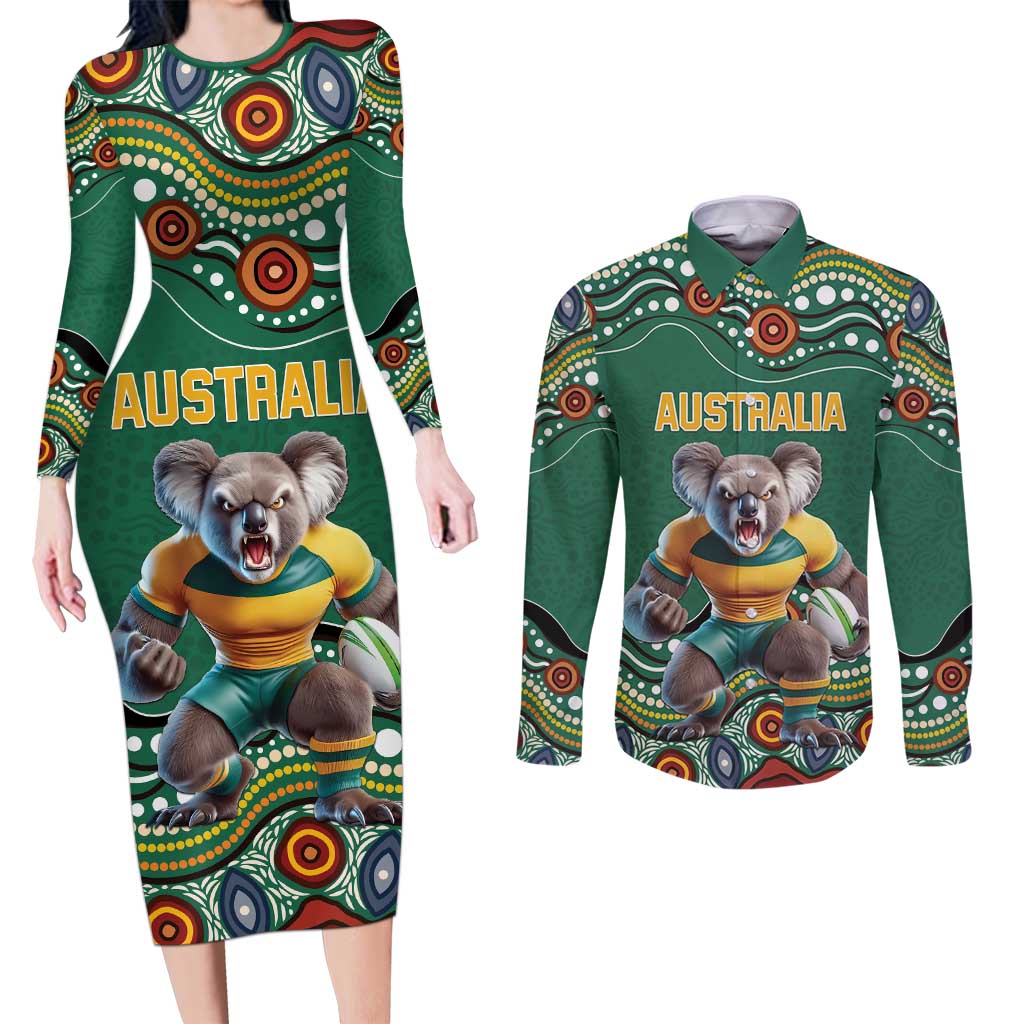 Custom Australia Rugby Couples Matching Long Sleeve Bodycon Dress and Long Sleeve Button Shirt Koala Mascot Aboriginal Pattern
