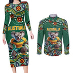 Custom Australia Rugby Couples Matching Long Sleeve Bodycon Dress and Long Sleeve Button Shirt Koala Mascot Aboriginal Pattern