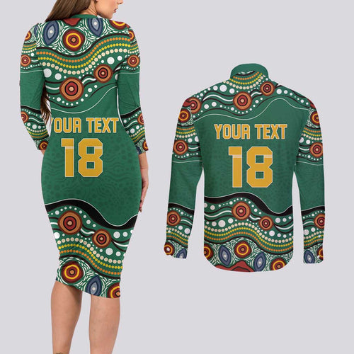Custom Australia Rugby Couples Matching Long Sleeve Bodycon Dress and Long Sleeve Button Shirt Koala Mascot Aboriginal Pattern