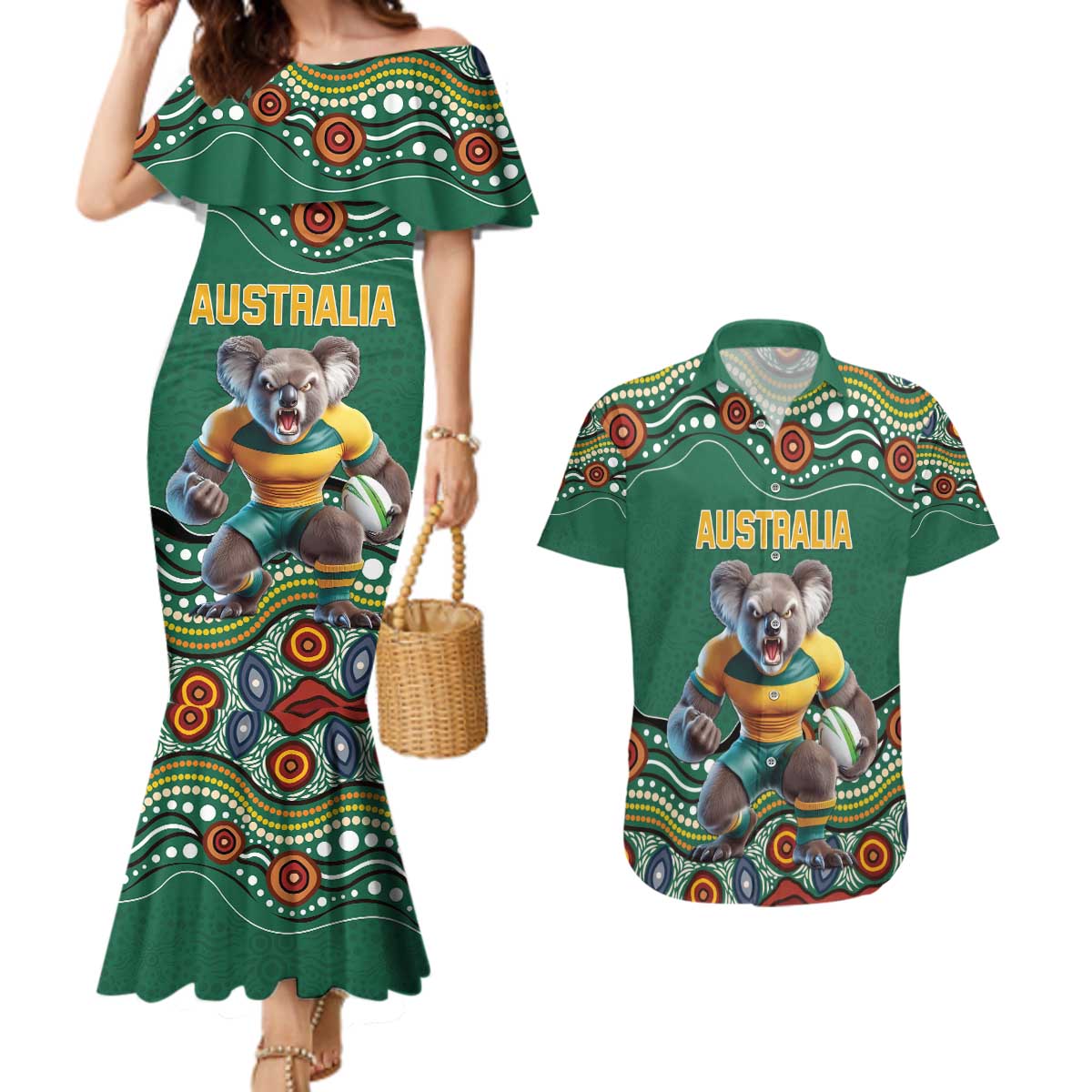 Custom Australia Rugby Couples Matching Mermaid Dress and Hawaiian Shirt Koala Mascot Aboriginal Pattern