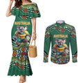 Custom Australia Rugby Couples Matching Mermaid Dress and Long Sleeve Button Shirt Koala Mascot Aboriginal Pattern