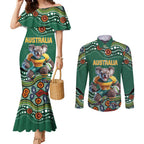 Custom Australia Rugby Couples Matching Mermaid Dress and Long Sleeve Button Shirt Koala Mascot Aboriginal Pattern