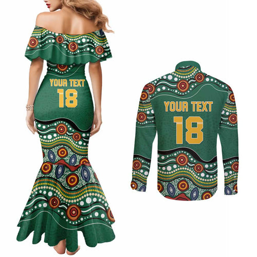 Custom Australia Rugby Couples Matching Mermaid Dress and Long Sleeve Button Shirt Koala Mascot Aboriginal Pattern