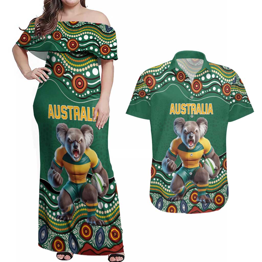 Custom Australia Rugby Couples Matching Off Shoulder Maxi Dress and Hawaiian Shirt Koala Mascot Aboriginal Pattern