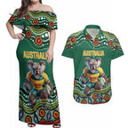 Custom Australia Rugby Couples Matching Off Shoulder Maxi Dress and Hawaiian Shirt Koala Mascot Aboriginal Pattern