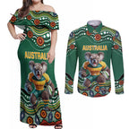Custom Australia Rugby Couples Matching Off Shoulder Maxi Dress and Long Sleeve Button Shirt Koala Mascot Aboriginal Pattern