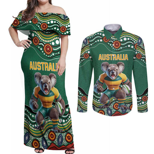Custom Australia Rugby Couples Matching Off Shoulder Maxi Dress and Long Sleeve Button Shirt Koala Mascot Aboriginal Pattern