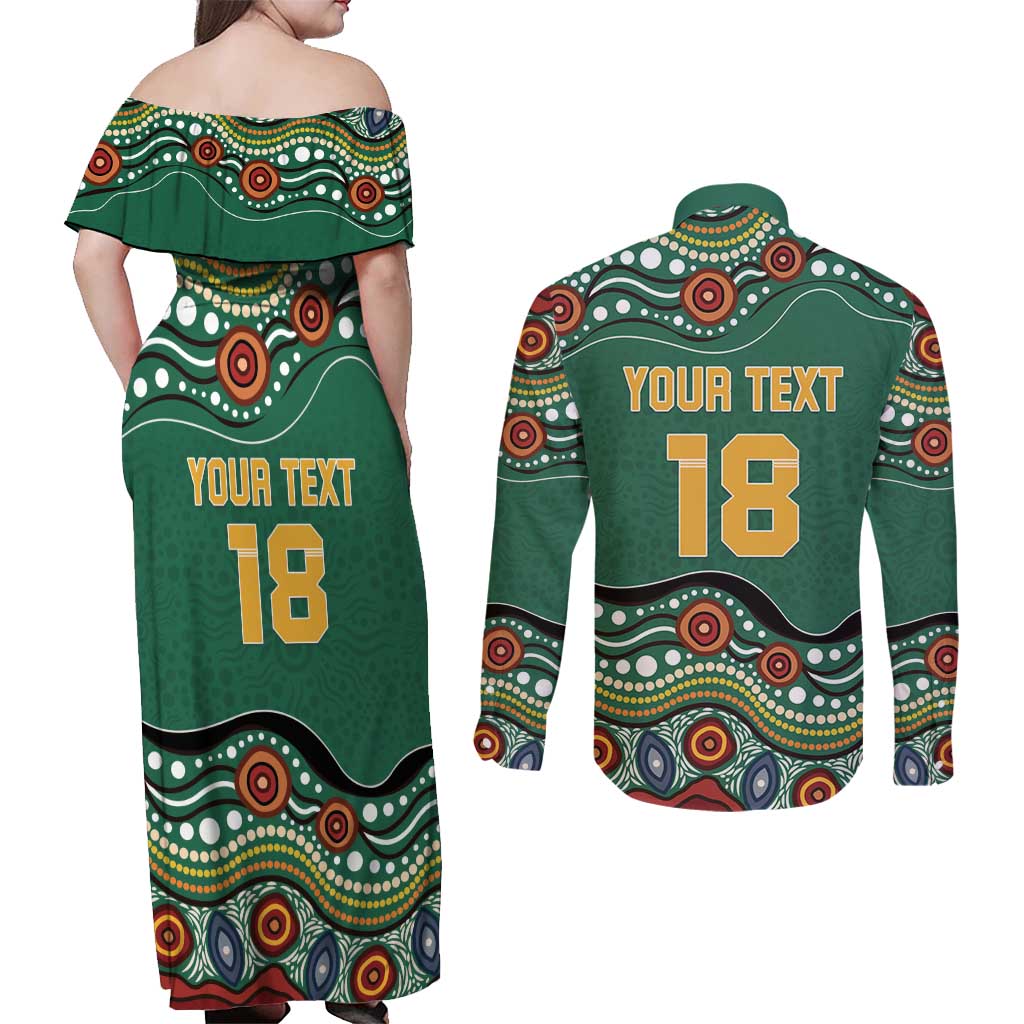 Custom Australia Rugby Couples Matching Off Shoulder Maxi Dress and Long Sleeve Button Shirt Koala Mascot Aboriginal Pattern