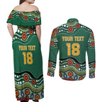 Custom Australia Rugby Couples Matching Off Shoulder Maxi Dress and Long Sleeve Button Shirt Koala Mascot Aboriginal Pattern