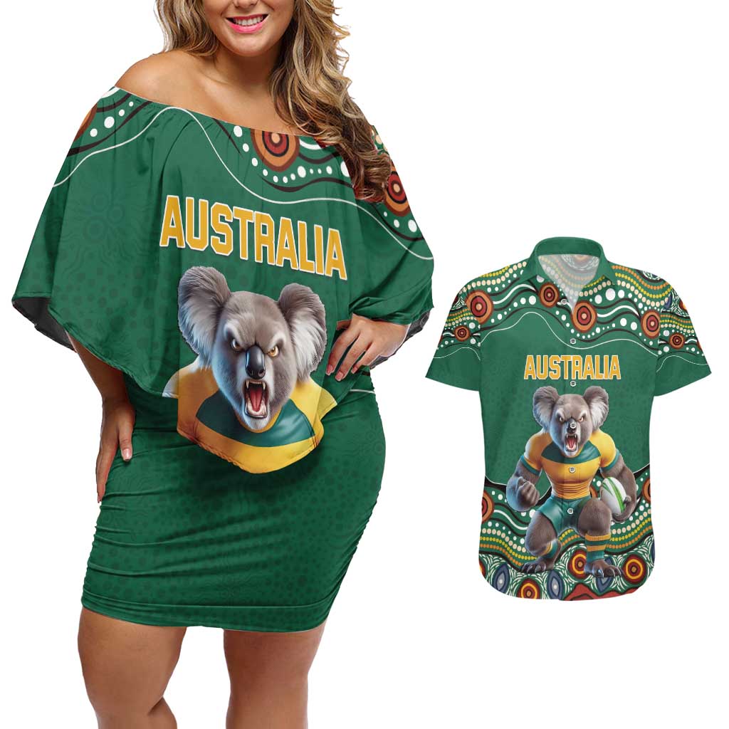Custom Australia Rugby Couples Matching Off Shoulder Short Dress and Hawaiian Shirt Koala Mascot Aboriginal Pattern