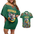 Custom Australia Rugby Couples Matching Off Shoulder Short Dress and Hawaiian Shirt Koala Mascot Aboriginal Pattern